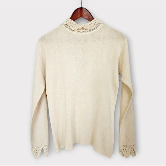 Soft Surroundings Wool Blend Crocheted Turtle Neck Collared Sweater in Cream S - Picture 1 of 7